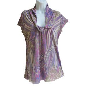 Johnny Heaven Nylon Mesh Top Stretch Cowl Neck Cap Sleeves Muted Pink Purple L